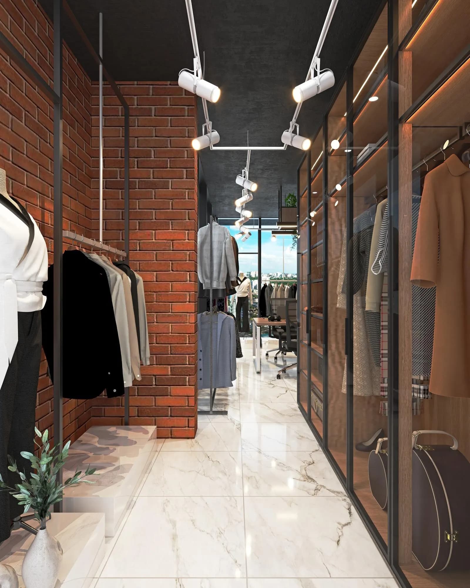 A warm retail storefront with garments on display.